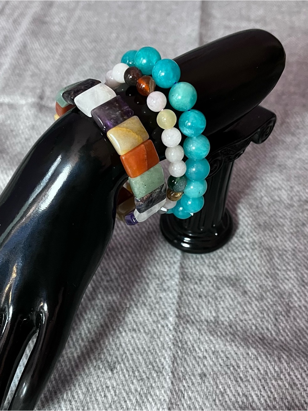 Natural Gemstone Bracelet Stack Amazonite Rainbow Chakra Tile 3PC